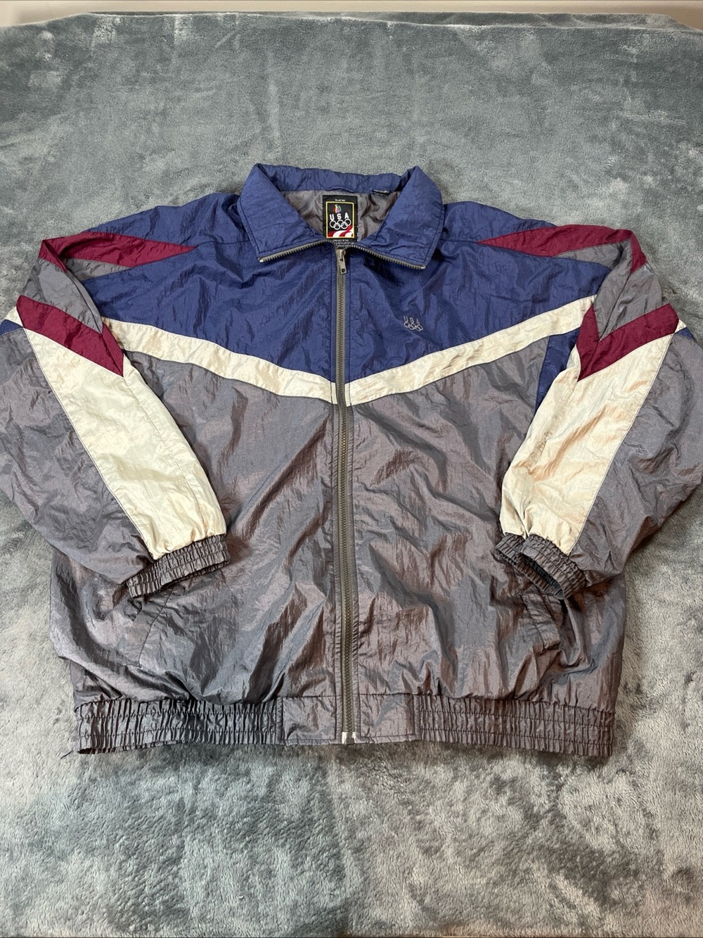 Vintage Olympics JC Penny Colorblock Windbreaker Jacket - Navy, Gray & Burgundy
